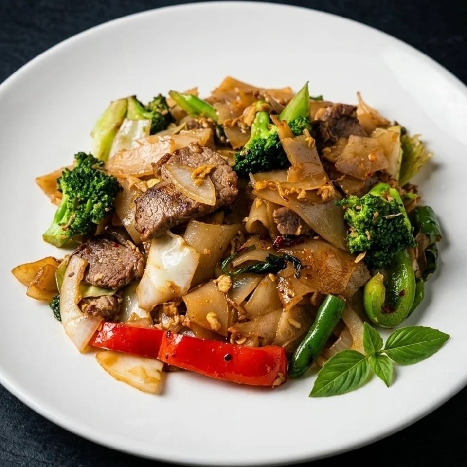 Pad See Ew with beef, wide rice noodles, broccoli, and peppers on a white plate.
