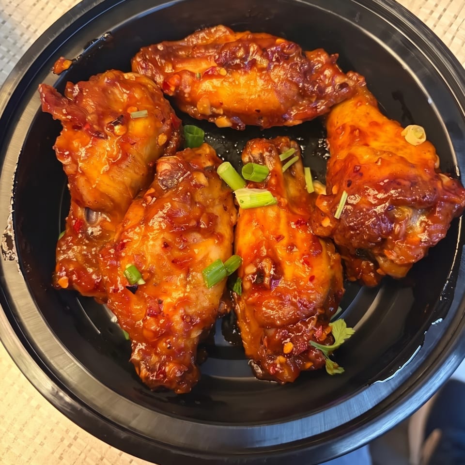 Spicy chicken wings with green onions and chili flakes in a black bowl on a light-colored table.
